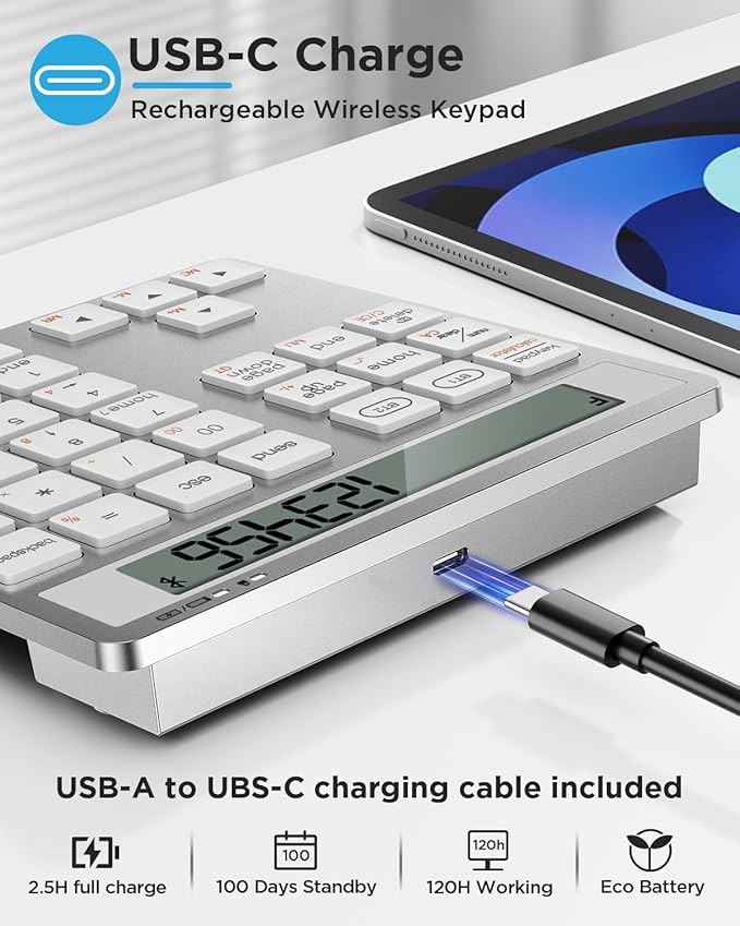 Rechargeable Wireless Number Pad for Laptop, 34 Keys Numeric Keypad with Dual Bluetooth & Display, 2-in-1 Numpad and Calculator, Slim Portable Number Pad Keyboard for Windows, Mac, PC, Tablet