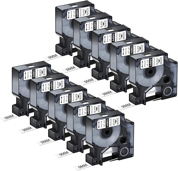 NineLeaf 10 Pack Compatible for DYMO D1 40913 S0720680 9mm 3/8" x 23ft Black on White Label Tape Refill Work in LabelManager 160 280 420P 360D 210D PnP 500TS LabelWriter 450 Duo ColorPop Label Maker