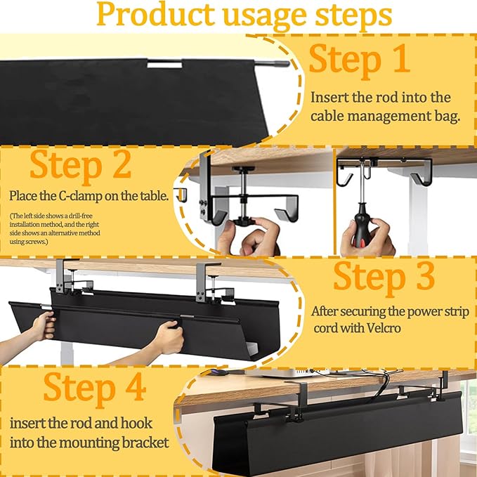 No Drill Under-Desk Cable Management Tray, Desktop Cable Organizer, Fabric Storage Tray, Two Installation Methods, Suitable for Office/Home Use. (13 * 27in)