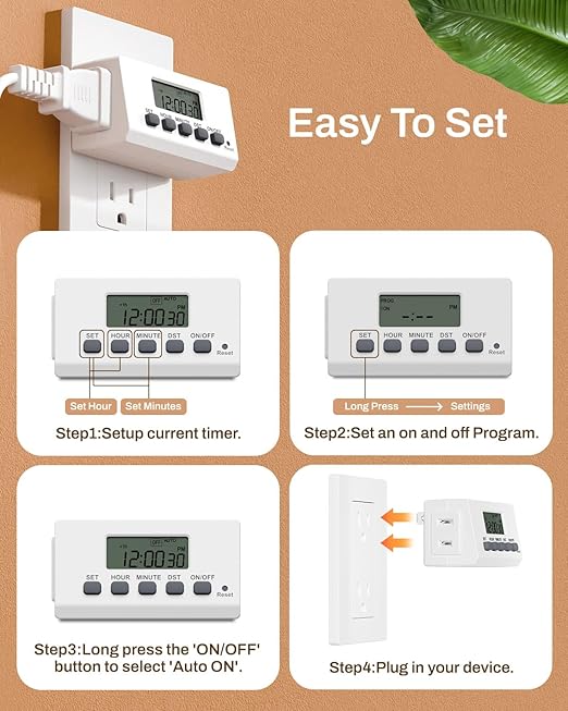 BN-LINK Indoor Digital Timer Outlet,24 Hour Light Timer Easy Programmable,Mini 2 Prong Plug in Timers for Electrical Outlets,Lamps,Fans,2 On/Off Programs,2 Pack,15A/1875W, ETL Listed