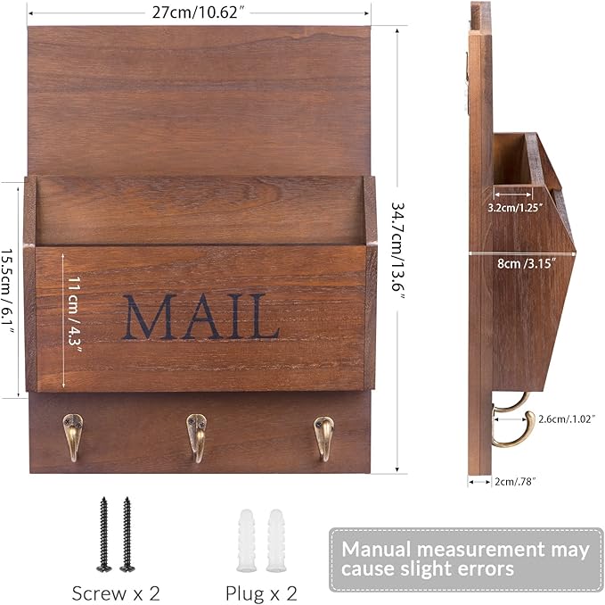 DLQuarts Mail Organizer with Key Holder for Wall Decorative Mail Sorter Wall Mounted, Wooden Mail Holder with 3 Hooks, Dark Brown
