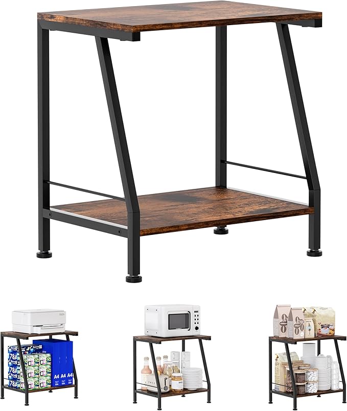 Under Desk Printer Stand with Storage, 2 Tier Small Printer Table with Shelf, Desktop Organizer for Home Office Kitchen, Rustic Brown