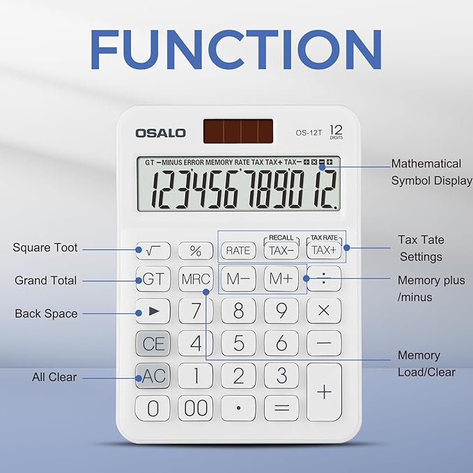 Pendancy Pocket Small Size Desk Calculator, 12 Digit Large LCD Display, Basic Tax Function Handheld Desktop Calculator with Solar Battery Dual Power, for Office, School, Business OS-12T (White)