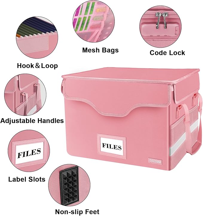 DocSafe Fireproof Document Box with Lock,File Storage Organizer with Pockets,Collapsible Portable File Box Home Office Safe Filing Cabinet with Handle for Hanging Letter/Legal Folders,Pink,2 Pack