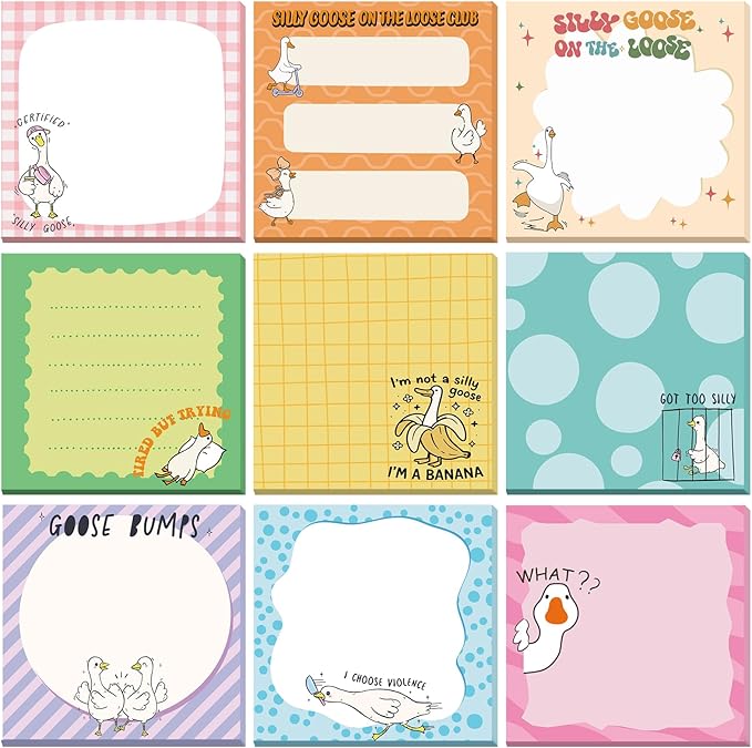 9 Pads Goose Sticky Notes Cartoon Self Stick Notepads 3x3 Inches Notes Adhesive Memo Pad Office Decor Gifts for Students School Teacher Office Meeting