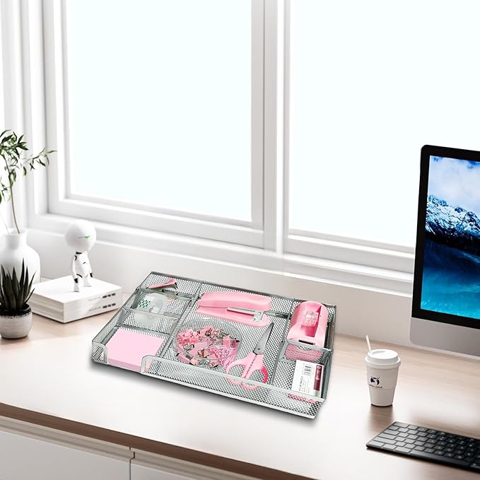 Pink Office Desk Accessories, Pink Office Supplies Set, Desk Drawer Organizer,Stapler and Tape Dispenser Set,Tape,Staple Remover, Staples, Paper Clips, Scissor and Sticky Note