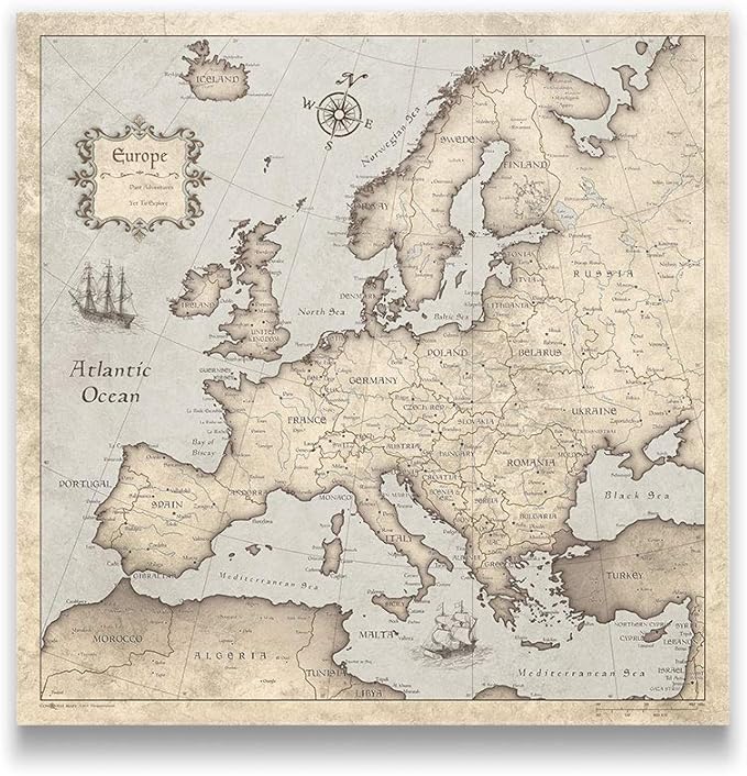 Conquest Maps Push Pin Europe Map Board - With Push Pins to Mark Europe Travel - Handmade in Ohio, USA - Design: Rustic Vintage