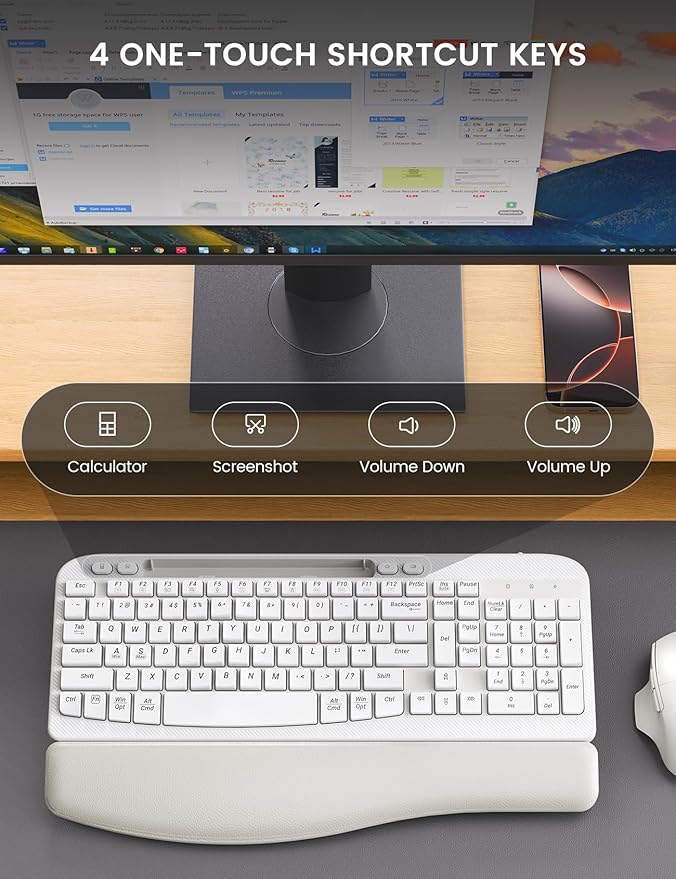 SABLUTE Wireless Keyboard and Mouse Combo, Ergonomic Wave Keys, Cushioned Palm Rest, Rechargeable, Phone Holder, Natural Typing, 2.4G Lag-Free, Full Size Keyboards Cordless Set for Windows/Mac, White