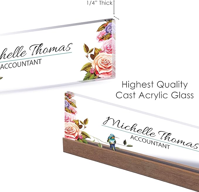 ARTBLOX | Office Personalized Name Plate Flower with Bird Design On Clear Acrylic Glass for Desk with Business Card Holder
