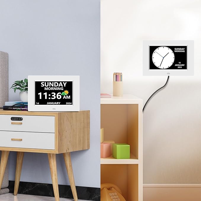 7 Inch Digital Clock with Day and Date for Elderly Alzheimer's Clock Customizable Alarms 3 Display Modes Large Font Alarm Clock for Seniors Auto DST White