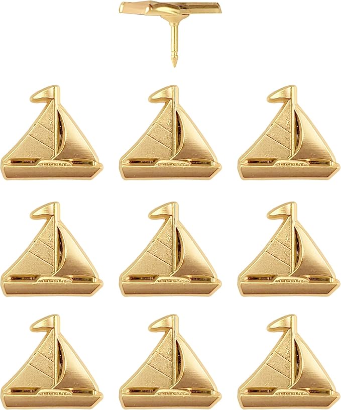 Sailboat Push Pins - Gold Sailing Pins - for Cork Board, Maps, or Lapel Pin Use - Designed in USA - Set of 10