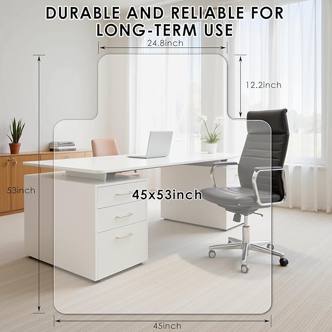 Kuyal 1/5" Thick Office Chair Mat, 45" x53" with Lip Heavy Duty Hard Computer Chair Mat, Under Desk Protector Carpeted Floors Mats, Easy Chair Movement, Can be Used on Carpet or Hard Floor, Ship Flat
