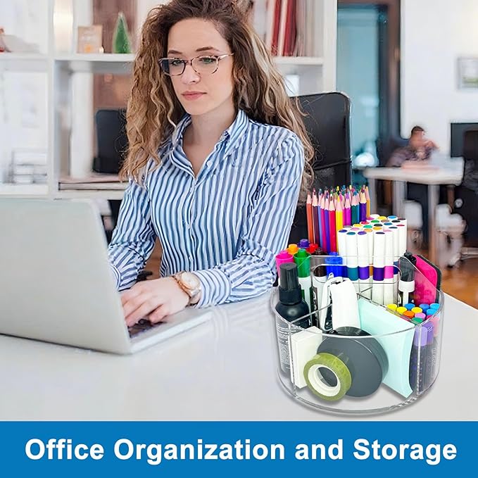 Acrylic Rotating Pen Holder for Desk, 360 Degree Clear Pencil Holder Crayon Organizers for Kids, 6 Compartments Marker Organizer for Office, Art Supply Storage Organizer for School Home