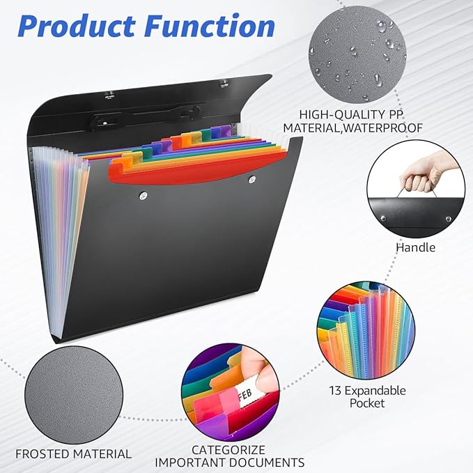 Expanding File Folder with Handle,13 Pockets Accordion File Organizer,Filing Box for Paper,Bills,Receipts,Taxes Organized,Letter/A4 Size Documents Holder for School,Office,Business Trip