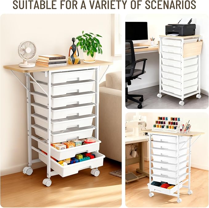 Rolling Storage Cart with Drawers,Craft Storage Cabinet with 8 Drawers and Wooden Tabletop,Utility Cart with Foldable dual side panels & Wheels for Classroom,Bedroom,Bathroom,Dorm,Office,Kitchen,White