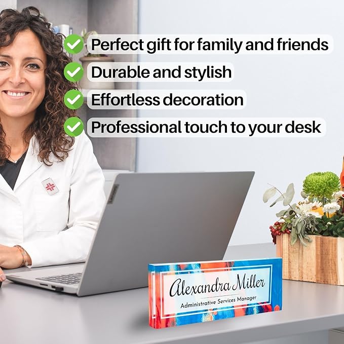 Customized Clear Acrylic Thick 8x3" Desk Name Plate Block with Personalized Logo - Professional Office Decor - Customized Acrylic Plate Gift for Teacher Co-workers, Christmas Gifts for Her, Thanksgiving Gifts (Orange-Blue Dream)