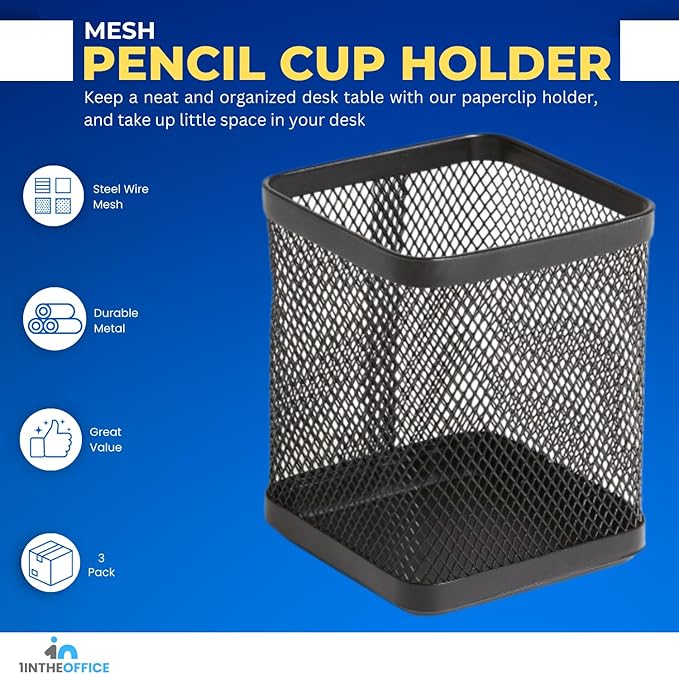 1InTheOffice Pen Holder Cup for Desk, Wire Mesh Cup, Pencil Holder Metal, Pencil Organizer Matte Black 3/Pack…