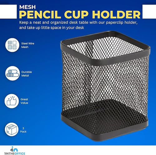 1InTheOffice Pen Holder Cup for Desk, Wire Mesh Cup, Pencil Holder Metal, Pencil Organizer Matte Black 3/Pack…