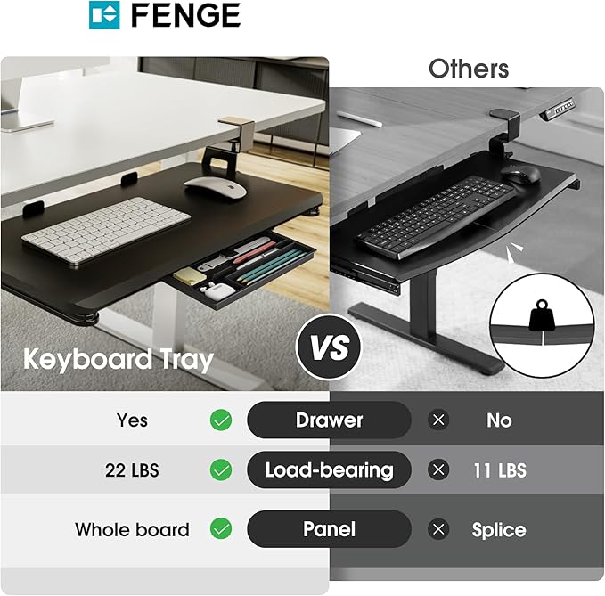 Fenge Keyboard Tray Under Desk, Pull Out Keyboard & Mouse Tray with C Clamp Mount, Sliding Keyboard Holder for Desk, 25.6 x 11.8 inch Large Slide-Out Platform Computer Drawer for Typing, Black