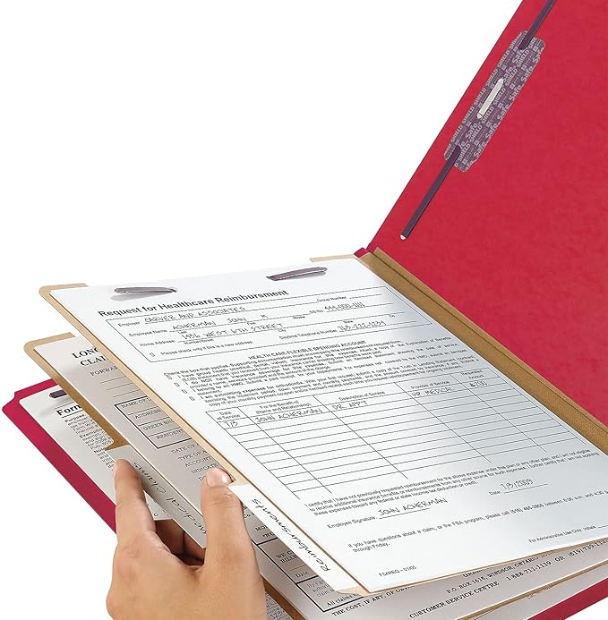 Smead 100% Recycled End Tab Pressboard Classification File Folder with SafeSHIELD Fasteners, 2 Dividers, 2" Expansion, Letter Size, Bright Red, 10 per Box (26783)