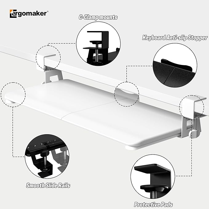 Keyboard Tray Under Desk, Pull Out Keyboard Tray with C Clamp Mount, 25.6" (29.7" Including Clamps) x 11.8" Slide-Out Platform Computer Drawer for Typing, Keyboard & Mouse Tray, White