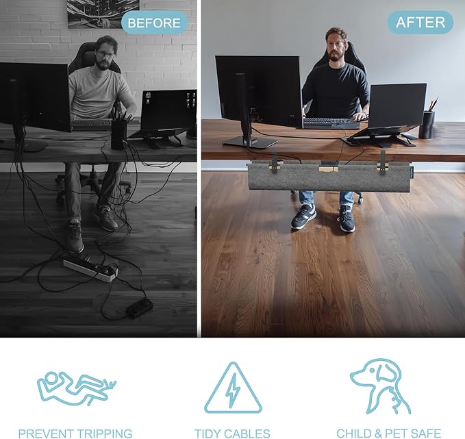 2-in-1 Under Desk Cable Management Tray & Privacy Panel, Dual-Sided Felt Cord Organizer to Hide Wires and Clutter, Desk Mount Cord Holder for Office and Home, Clamp or Screw Mount (Gray/Khaki, 45.3")