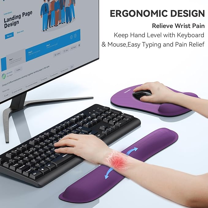TECKNET Keyboard Wrist Rest and Mouse Pad with Wrist Support, Memory Foam Set for Computer/Laptop/Mac, Lightweight for Easy Typing & Pain Relief Ergonomic Mousepad (Purple)