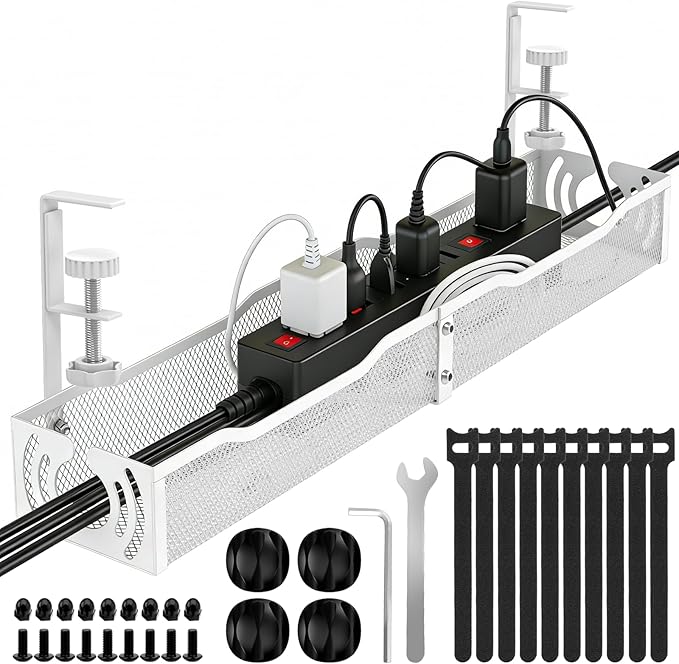 Cable Management, 25.3'' Under Desk Cable Management Tray No Drill, Metal Cable Organizer with Clamp for Wire Management, Cord Organizer for Home Office, Desk Accessories Organizer, White