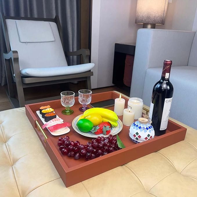 20x20 Inches Large Brown Faux Leather Wrapped Wood Ottoman Tray with Handles for All Occasions, Serving Food Breakfast On Bed, Home Decor Decorative, Living Room,Square Coffee Table Organizer
