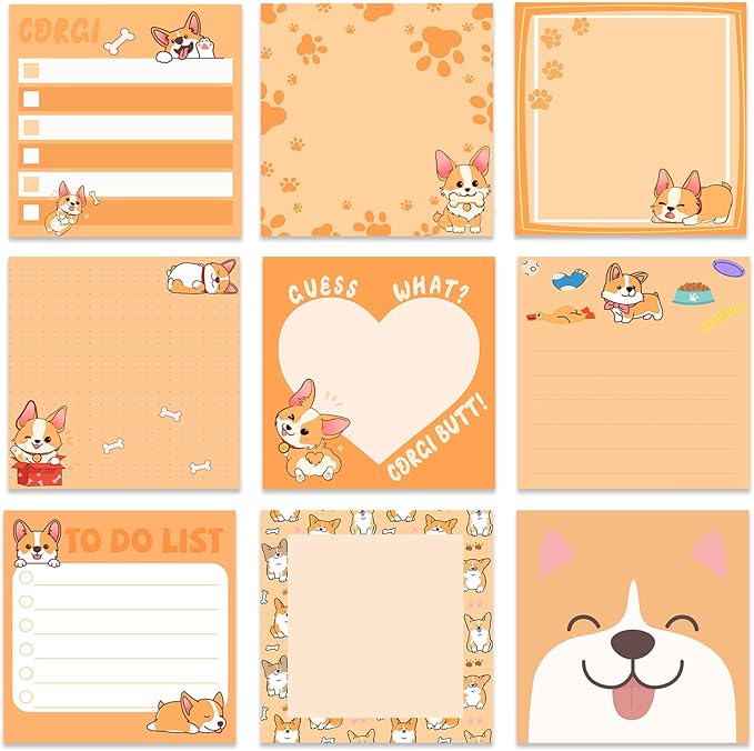 9 Pads Corgi Sticky Notes 3x3 Inch Cute Self Stick Notepads Notes Adhesive Memo Pad Office Decor Gifts for Students School Teacher Meeting Office Supplies