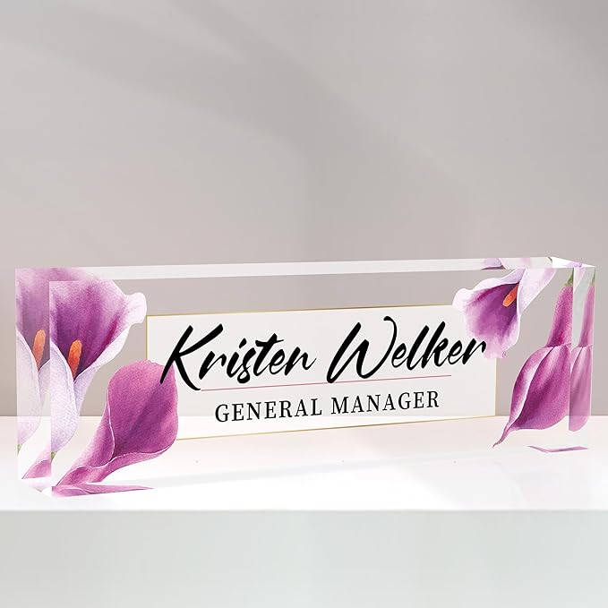 Personalized Name Plate for Desk Custom Acrylic Desk Name Plate Custom Employee Appreciation Gifts Office Gifts for Women, Men, Boss, Coworkers, Teacher, Nurse (Purple Calla Lily)