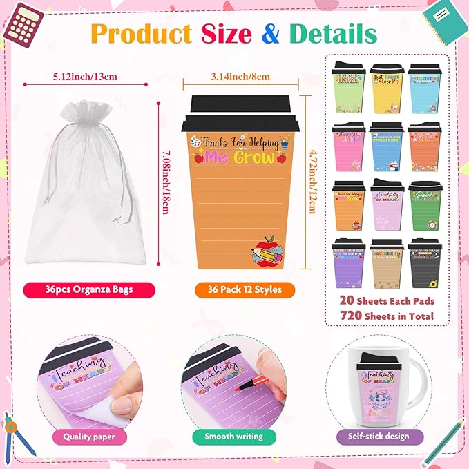 36 Sets Teacher Appreciation Gifts Bulk Coffee Cup Sticky Notes with Inspirational Pens, Funny Notepads Motivational Ballpoint Pen Thank You Gifts for Teacher Coworker Employee Nurse Office Supplies