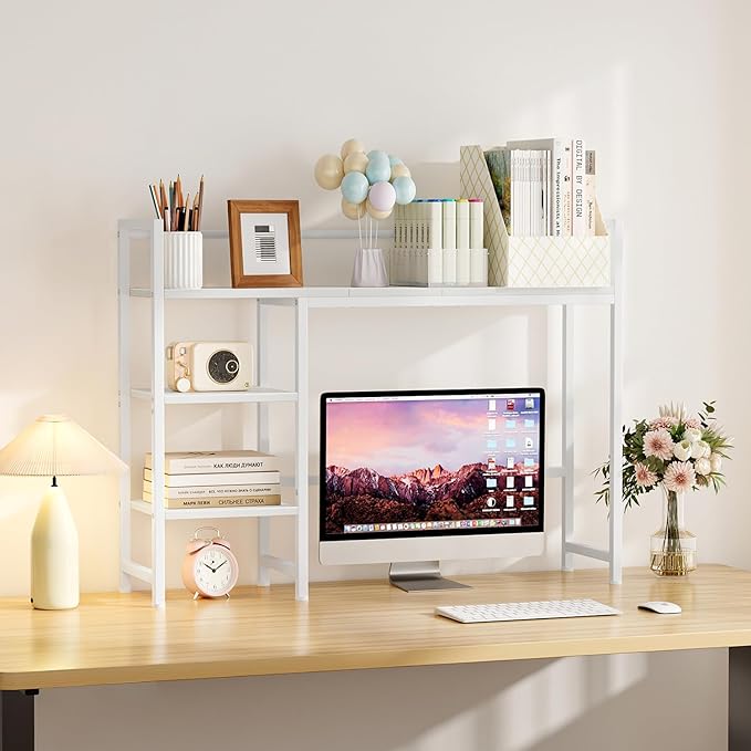 Snughome Desk Shelf, 38.6" Desktop Organizer Shelf, Desk Hutch for Computer Monitor, 4 Tier Desk Display Rack, Wood Desktop Bookshelf Storage Rack for Home Office Dorm, White