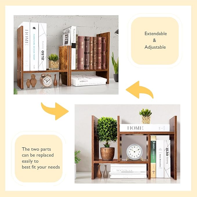 BROWN-BROWN Adjustable Wood Desk Shelf Organizer Office Home Multipurpose Desktop Shelf, Display Shelf Rack Top Mini Bookcase, Free Style Display Desktop Organization