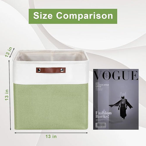 13x13 Cube Storage Bins, Collapsible Fabric Storage Box, 4 Pack Closet Baskets with Handles for Organizing, Shelf, Toys, Clothes, Home, Office, Nursery (Green&White)