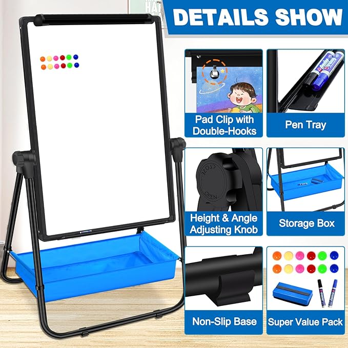 Dry Erase White Board with Stand Double Sided 40"X28" Magnetic U Standing Easel Whiteboard, Height Adjustable & 360° Rotation Portable White Boards for School, Classroom, Home & Office