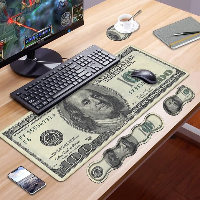 Ergonomic Keyboard Wrist Rest and Mouse Pad Wrist Rest Set, Large XXL Gaming Mousepad 31.5"x 11.8", Memory Foam, Easy Typing Pain Relief, Multifunctional Desk Mat for Office & Home, 100 Dollar Bill