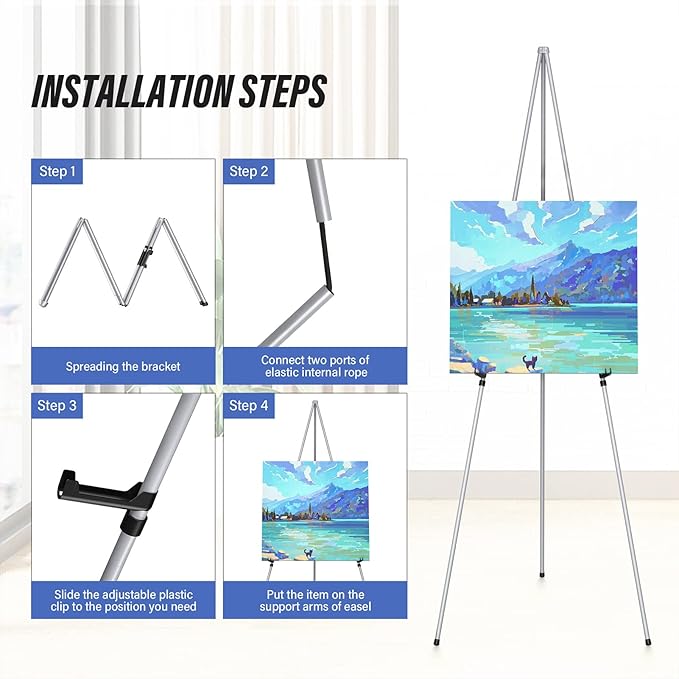 Display Silver Easel Stand - 63" Artist Instant Tripod Collapsible Portable Floor Easel - Adjustable Art Poster Easy Folding Metal Stand for Display Show, Wedding, Painting