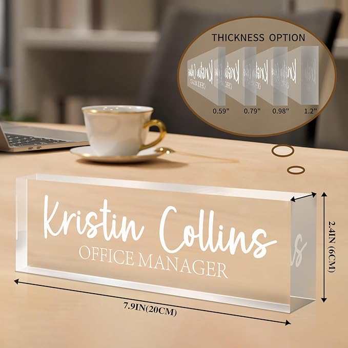 Custom Name Plate for Desk, Personalized Name Plate on Clear Acrylic Glass, Appreciation Gifts for Teacher Employee Boss Coworkers Nurse, Office Desk Accessories for Women Men (Engraved Elegant)