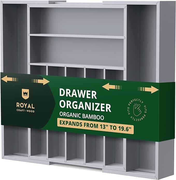ROYAL CRAFT WOOD Luxury Bamboo Kitchen Drawer Organizer - Silverware Organizer - Utensil Holder and Cutlery Tray with Grooved Drawer Dividers for Flatware and Kitchen Utensils (9 Slot, Gray)