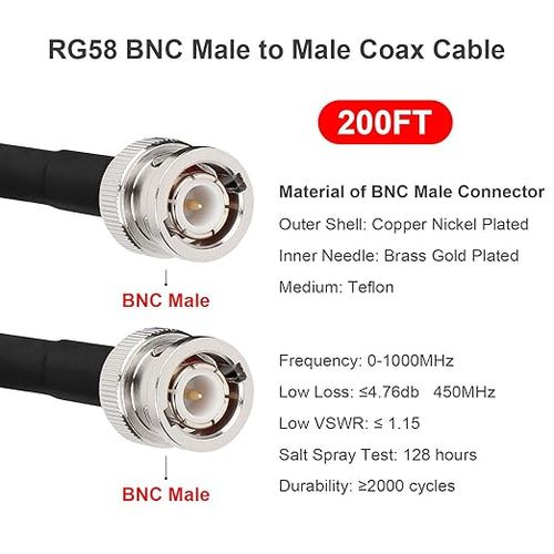 200ft 50 Ohm RG58 Coaxial Cable with BNC Connectors