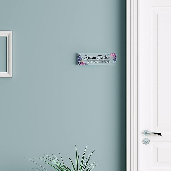 Artblox Personalized Office Desk Name Plate and Business Card Holder | Clear Acrylic Glass with Teak Wood Stand | Leaf Design Customized with Your Name and Credentials Office Desk Decor