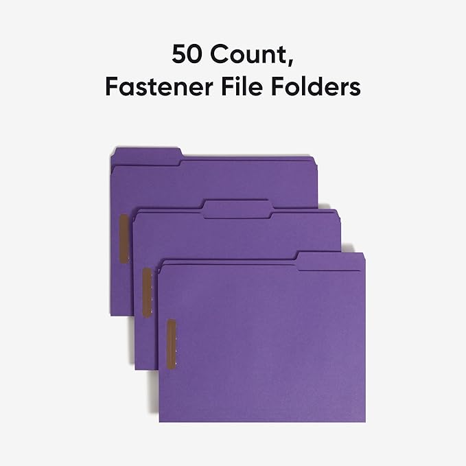 Smead Fastener File Folders, Reinforced 1/3-Cut Tabs, 2 Fasteners, Letter Size, Purple, 50 per Box (13040)