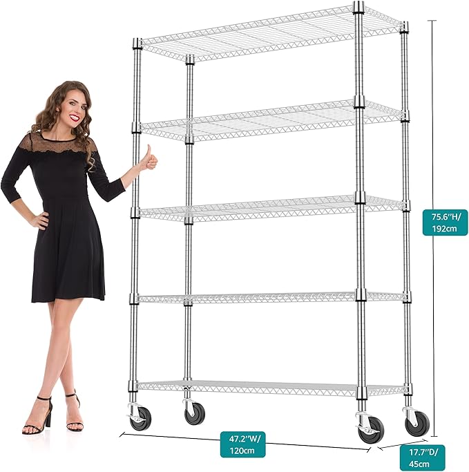 5 Tiers Shelf 1750 lbs Steel Storage Shelving Utility Shelving Unit Steel Organizer Wire Rack for Home,Kitchen,Office,Garage Chrome 17.7" D x 47.2" W x 76.8" H
