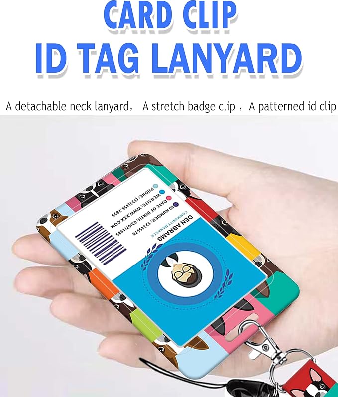 BLOCIT ID Badge Holder with Lanyard - Fashionable ID Card Holders with Retractable Lanyards - Soft Fiber Metal Clip Sturdy Buckle for Key Wallet - Work Nurse Teacher (Cute Fun Boston Terrier Dog)