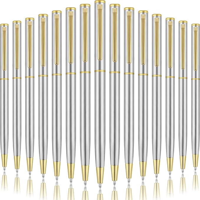 Zonon 15 Pcs Silver Gold Metal Slim Ballpoint Pens Bulk Retractable Metallic Black Ink 1 mm Medium Point Smooth Writing Pens for Wedding Business Office Supplies Students Teachers Men Women Present