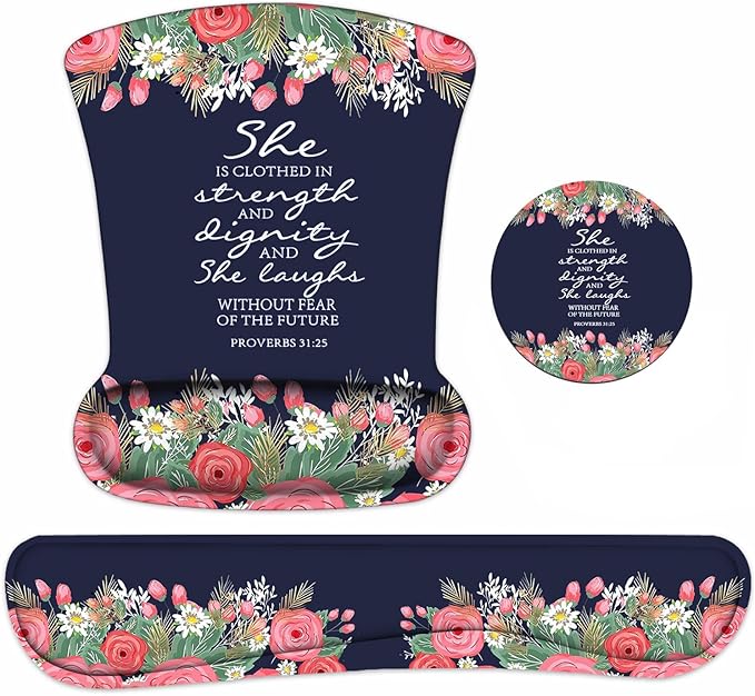 Keyboard Wrist Rest and Mouse Pad Wrist Support Set with Coasters, Floral Quote Bible Verses Proverbs 31:25 Design Wrist Mouse Pad with Non-Slip PU Base for Home Office Working Studying