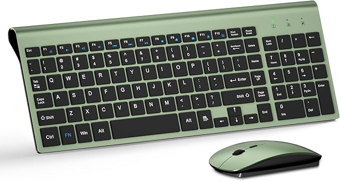 Wireless Keyboard and Mouse Ultra Slim Combo, TopMate 2.4G Silent Compact USB 2400DPI Mouse and Scissor Switch Keyboard Set with Cover, Batteries Included, for PC/Laptop/Windows/Mac - Green Black