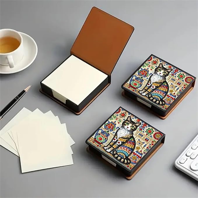 Cat Diamond Painting Kit Note Box,Cute Memo Paper Storage Box Diamond Art,Sticky Note Holder Diamond Art,Diamond Painting Memo Pad For Office Desk. (Cat)