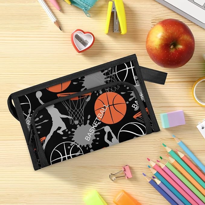 Pardick Large Capacity Pencil Case Pouch, Basketballs Portable Zipper Pencil Cases Pencil Bag Office Stationery Bag Makeup Bag Desk Organizer for Women Men